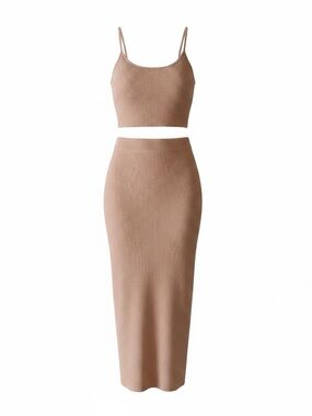 Ribbed Knit Two-Piece Midi Skirt Set - Taupe